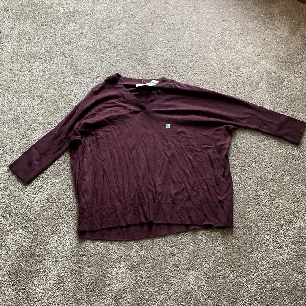 LOFT Burgundy Lightweight Sweater V-Neck 3/4 Sleeve Relaxed Fit SIZE S